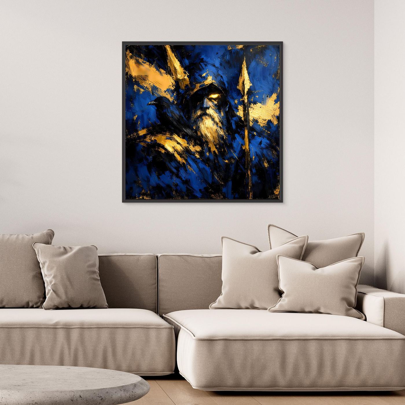 Leinwand Odin der Allvater in Blau und Gold | Modernes Nordische Mythologie Wandbild mit Rabe