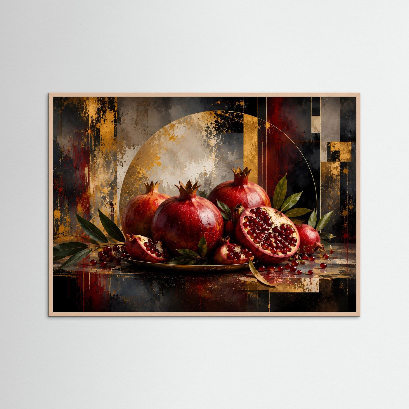 Gerahmtes Poster im Querformat mit Granatäpfeln und rot leuchtenden Kernen im Stillleben
