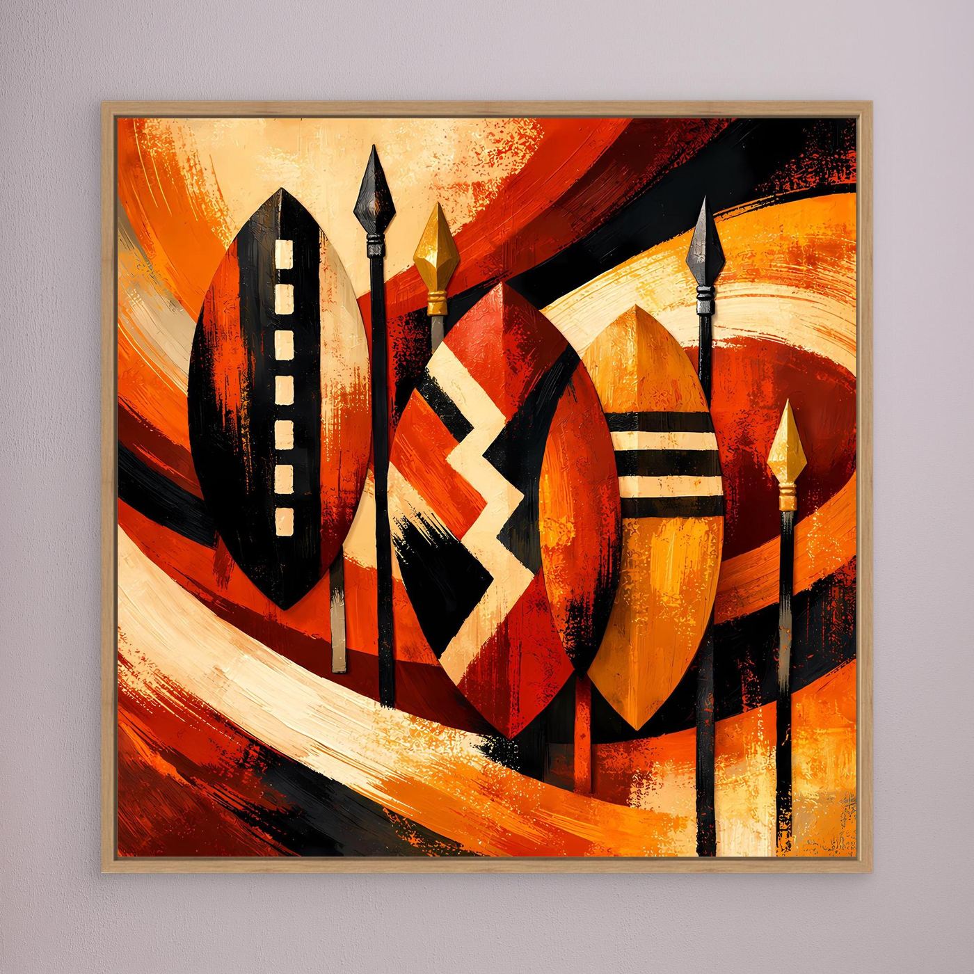 Leinwandbild mit afrikanischen Schild- und Speermotiven in warmem Orange, im Holzrahmen
