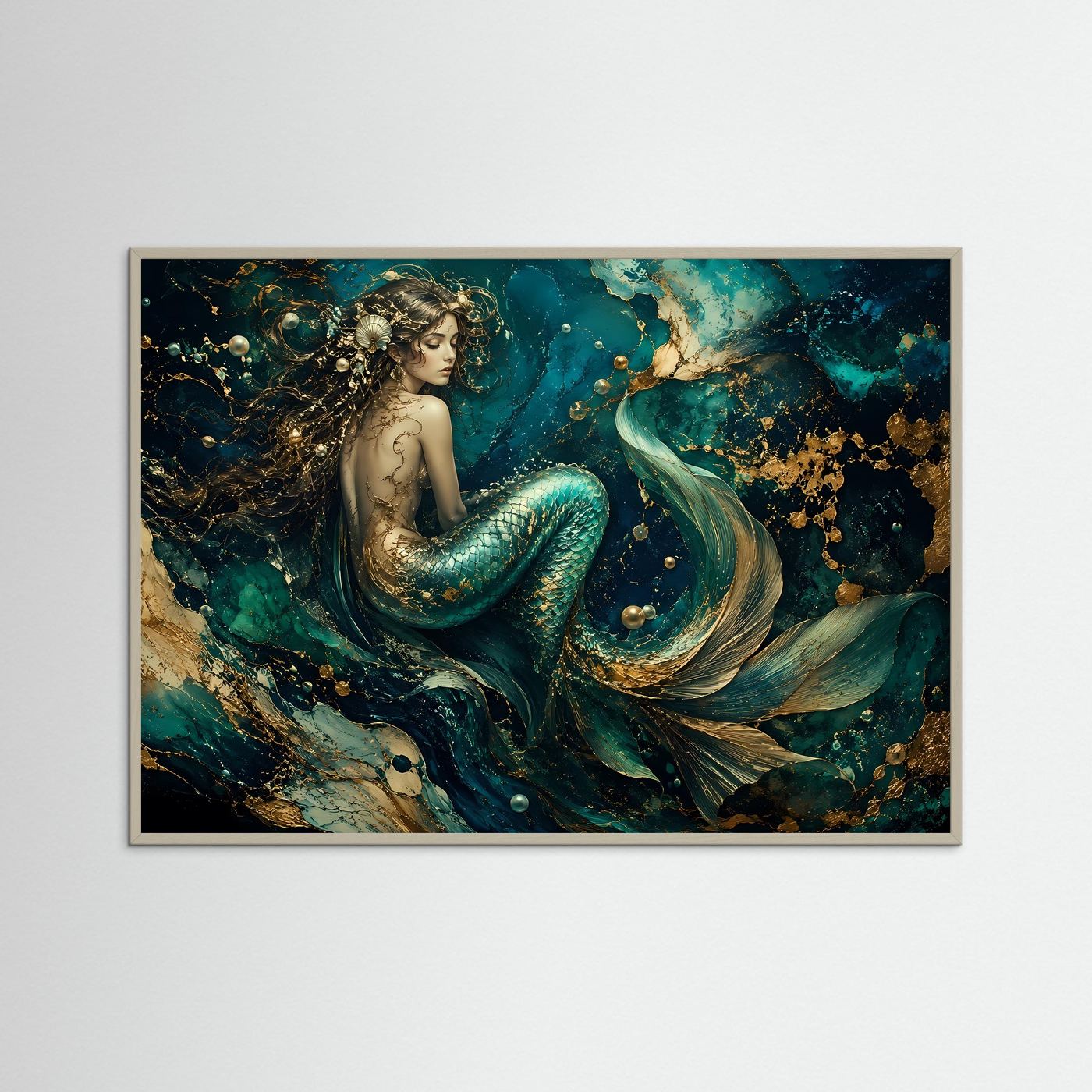Mystische Meerjungfrau in Türkis & Gold | Luxuriöse Unterwasser Fantasy Kunst – Poster Querformat