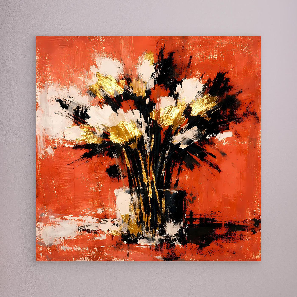 Wandbild mit abstraktem Blumenstrauß, terrakottafarbener Hintergrund, schwarze, weiße und goldene Farbflecken, ohne Rahmen