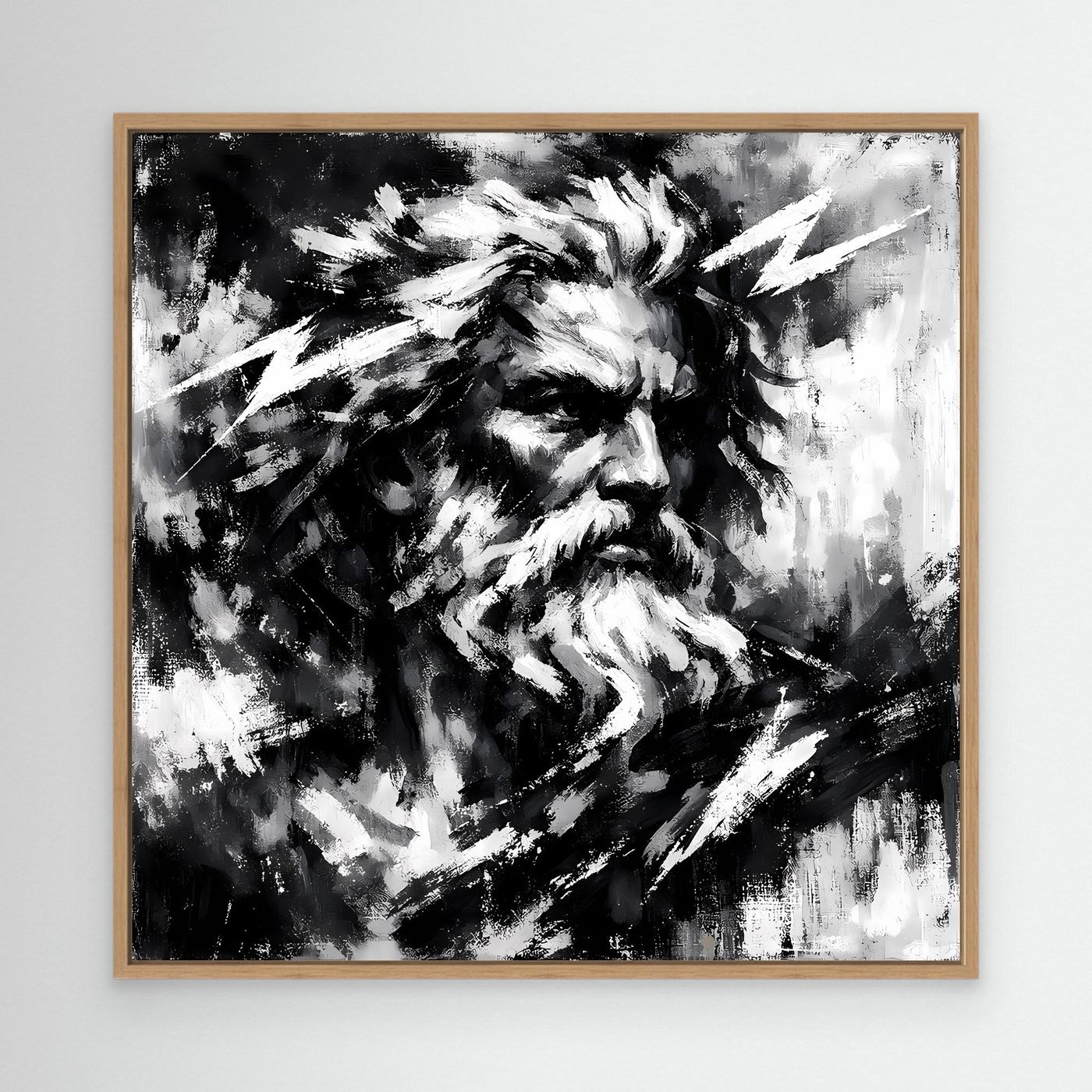 Abstract Zeus wall print in black and white with oak frame and stylized lightning