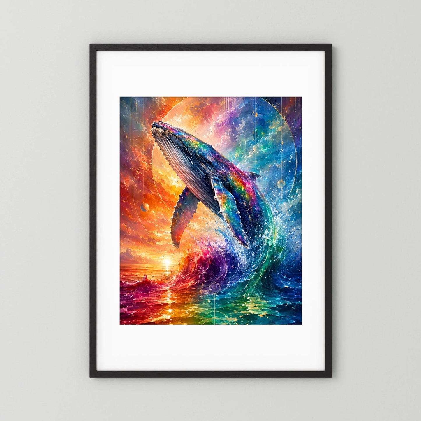 Poster mit Wal im regenbogenfarbenen Meer, im schwarzen Rahmen und weißem Rand