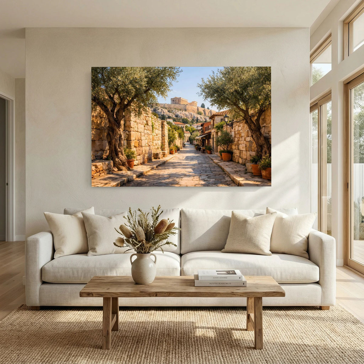 Wandbild im Querformat über Couch: Altstadtgasse zwischen Steinmauern, Akropolis sichtbar