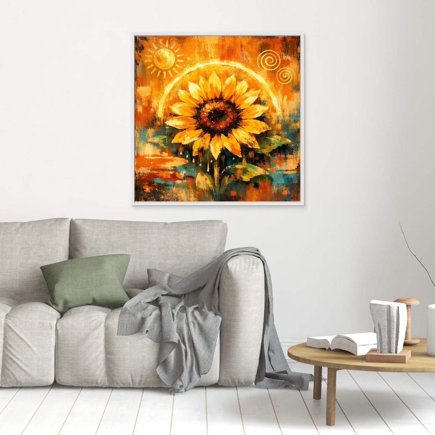 Kleines Wandbild mit abstrakter Sonnenblume in Goldtönen, mit weißem Rahmen