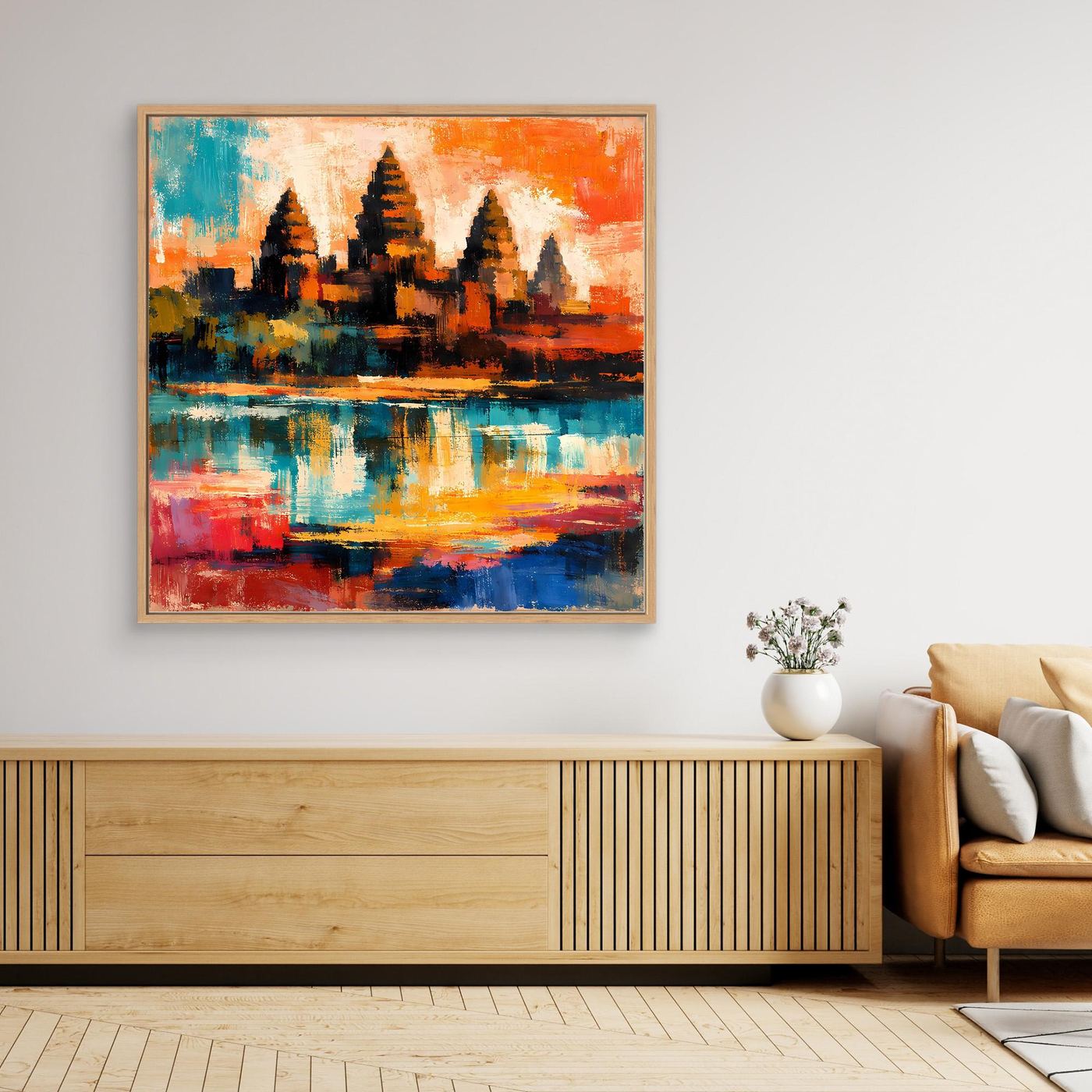 Abstraktes Leinwand-Wandbild mit Maya-Pyramide am Wasser, mit Holzrahmen