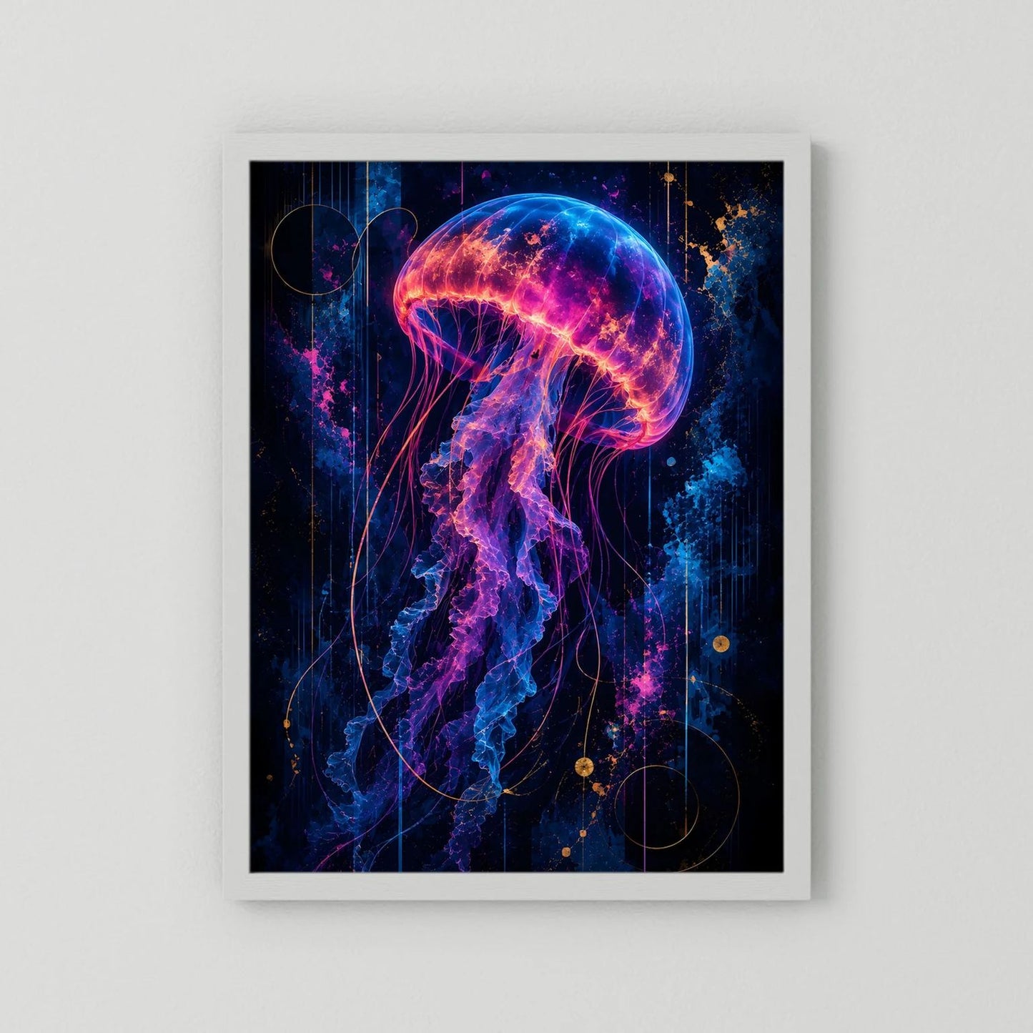 Leuchtendes Quallenposter mit neonfarbener Qualle in Pink, Blau und Gold, weißer Rahmen