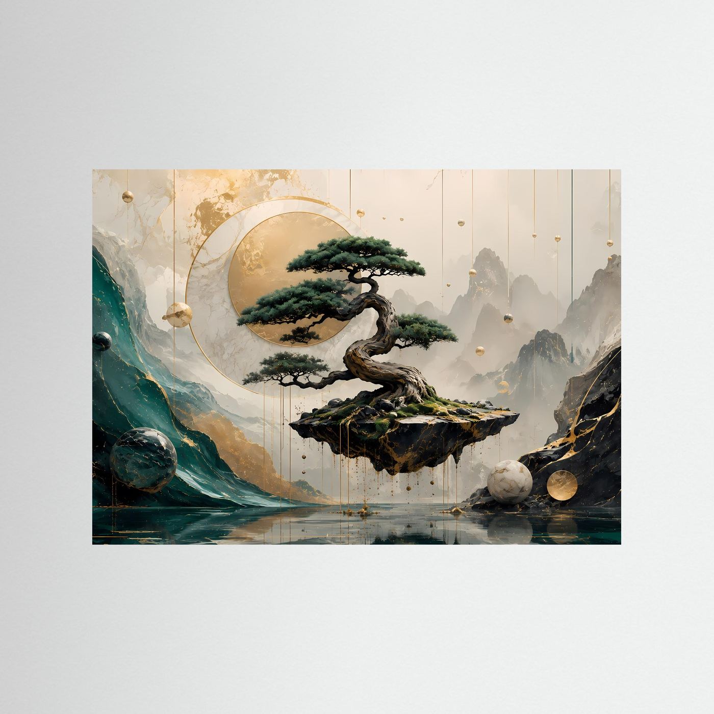 Mystischer Bonsai in Berglandschaft | Abstrakte Zen-Kunst in Gold & Petrol