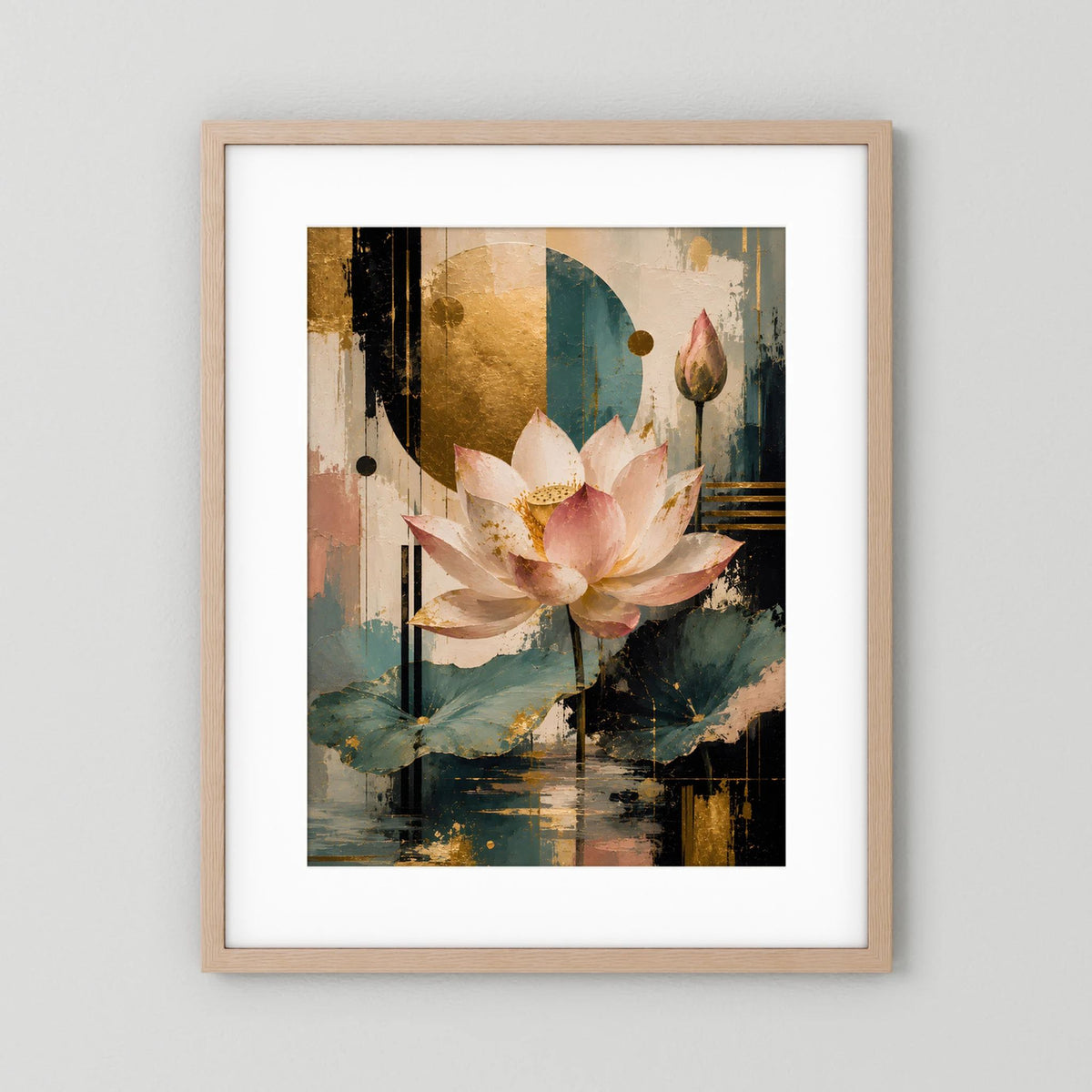 Gerahmtes Lotusblüten-Poster mit hellem Holzrahmen: Rosa Blüte, Gold, Türkis und dunkle Streifen.
