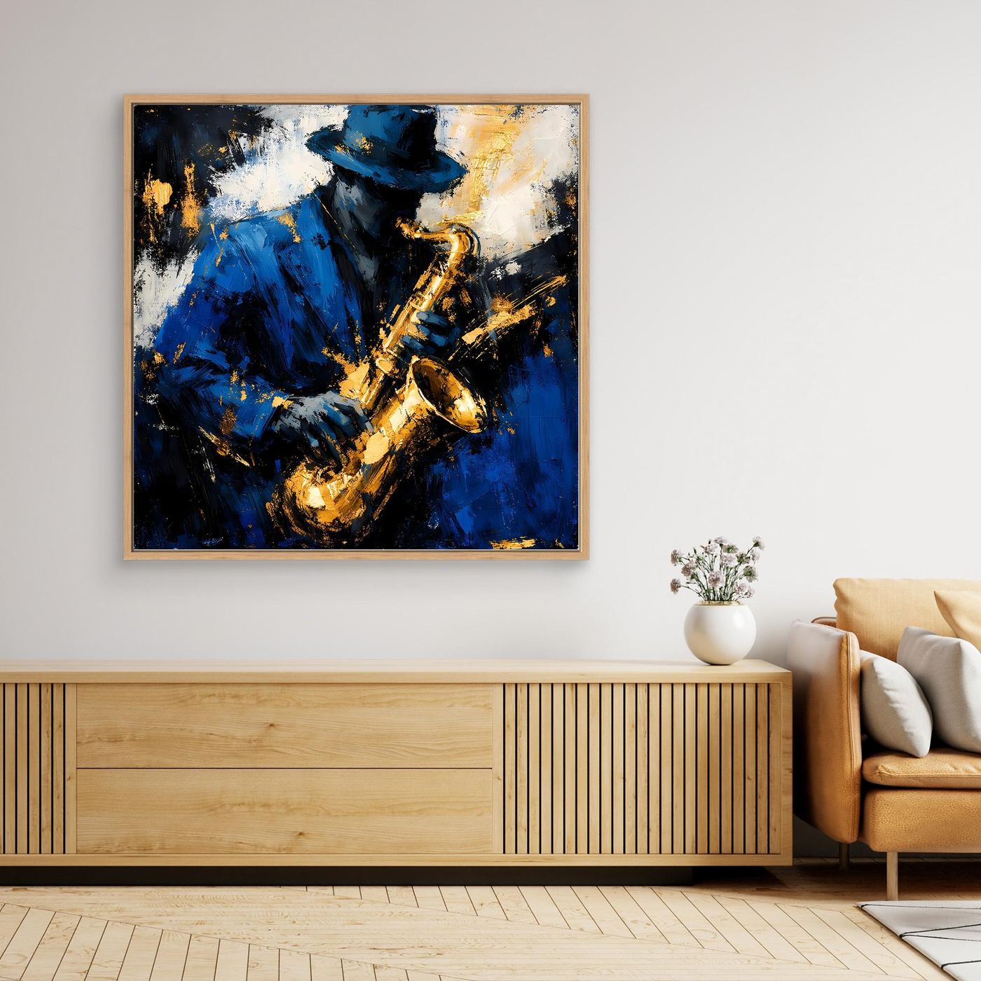 Leinwand Eleganter Jazz-Saxophonist in Blau und Gold | Abstraktes Musik Wandbild