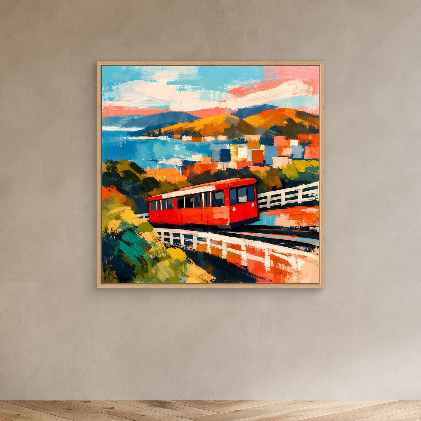 Leinwand-Wandbild: rote Seilbahn im Eichenholzrahmen, abstrakte Küste mit bunten Formen