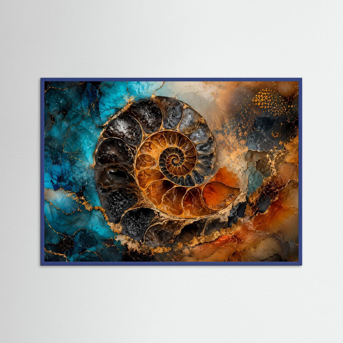 Geometrie der Zeit | Abstraktes Ammonit Fossil Poster mit Gold- und Ozean-Akzenten