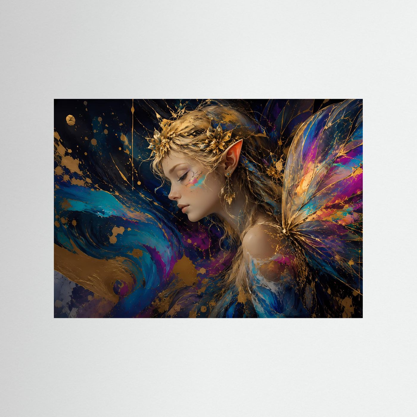 Fantasy-Elfen-Poster: Elfe im Profil mit goldener Kopffeder und bunter Schmetterlingsflügel-Grafik