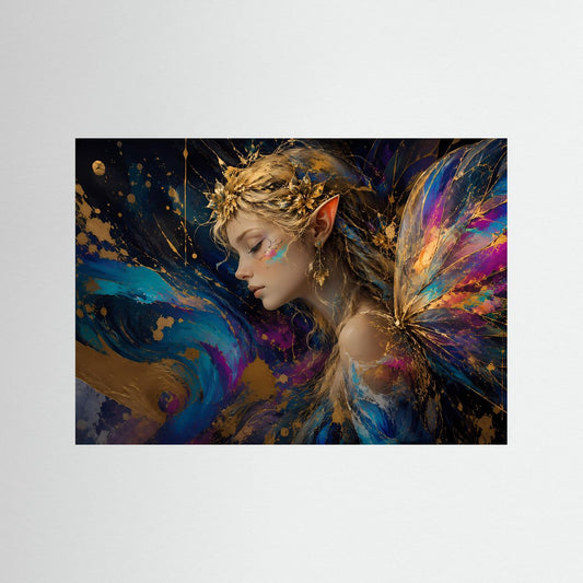 Fantasy-Elfen-Poster: Elfe im Profil mit goldener Kopffeder und bunter Schmetterlingsflügel-Grafik