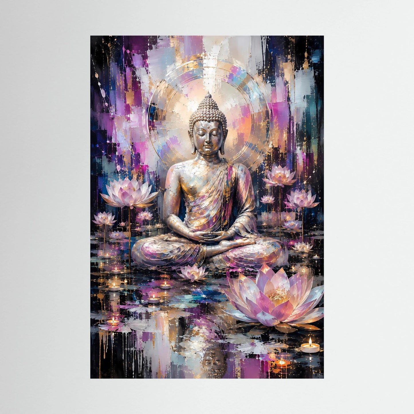 Poster im Hochformat mit sitzendem Buddha und Lotusblüten in Gold-, Rosa- und Blautönen