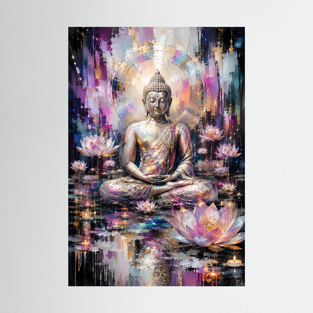 Poster im Hochformat mit sitzendem Buddha und Lotusblüten in Gold-, Rosa- und Blautönen