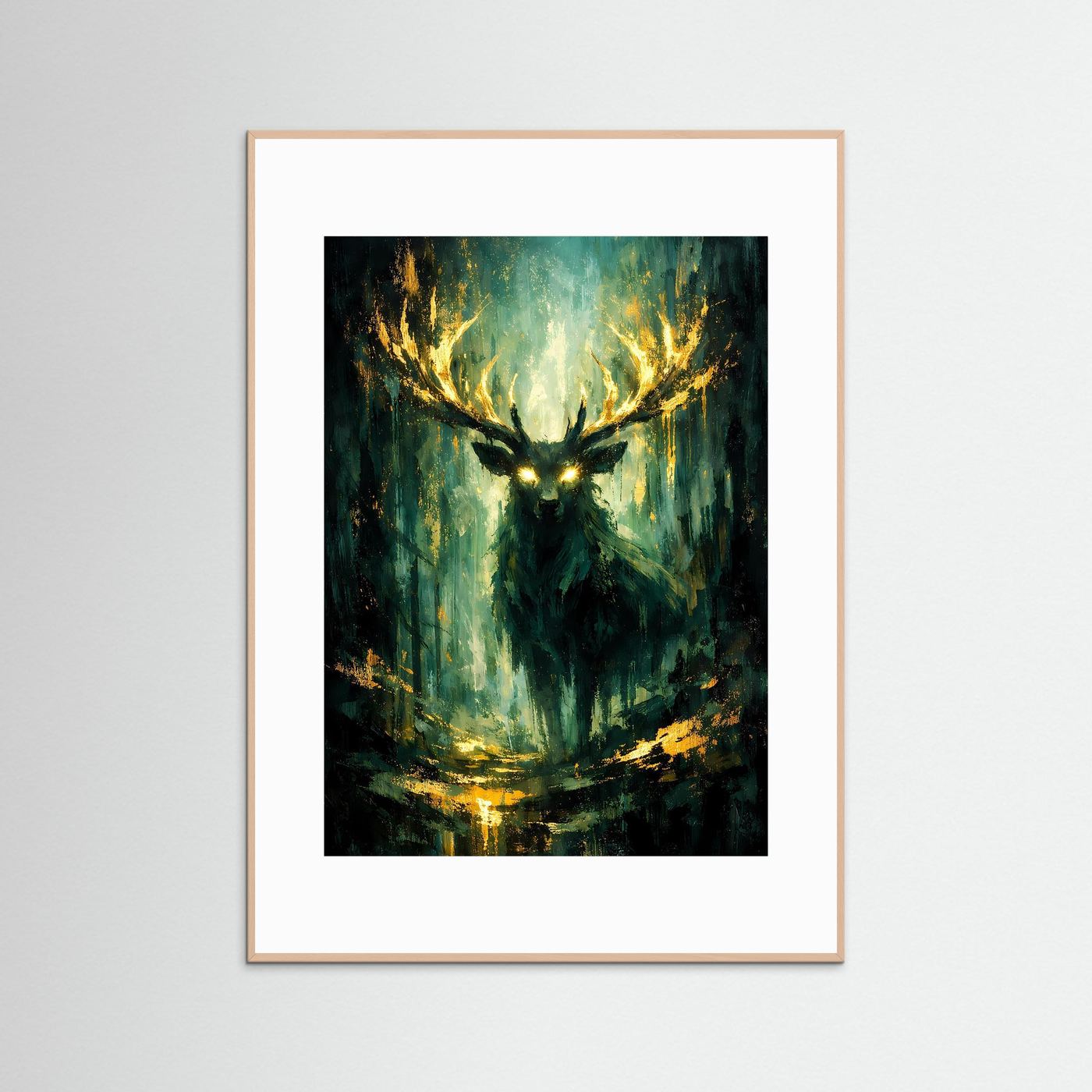 Hirsch-Naturposter im Hochformat, abstrakter Wald mit leuchtender Hirschsilhouette, heller Rahmen
