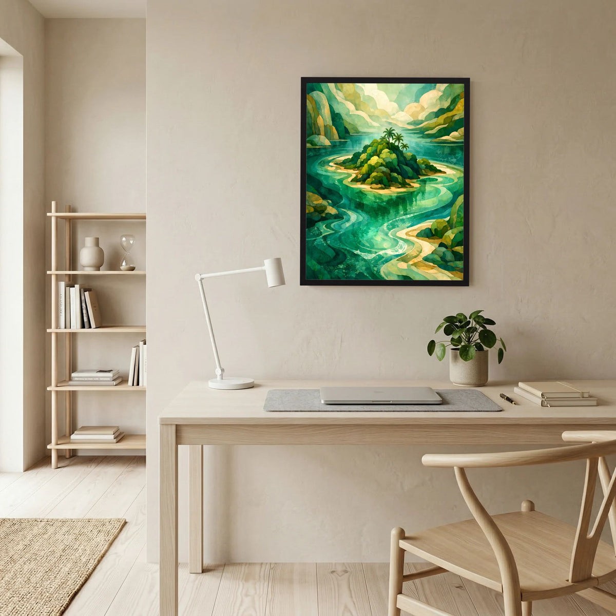 Hochformat-Poster im schwarzen Rahmen mit tropischer Insel und Fluss in Türkis und Grün