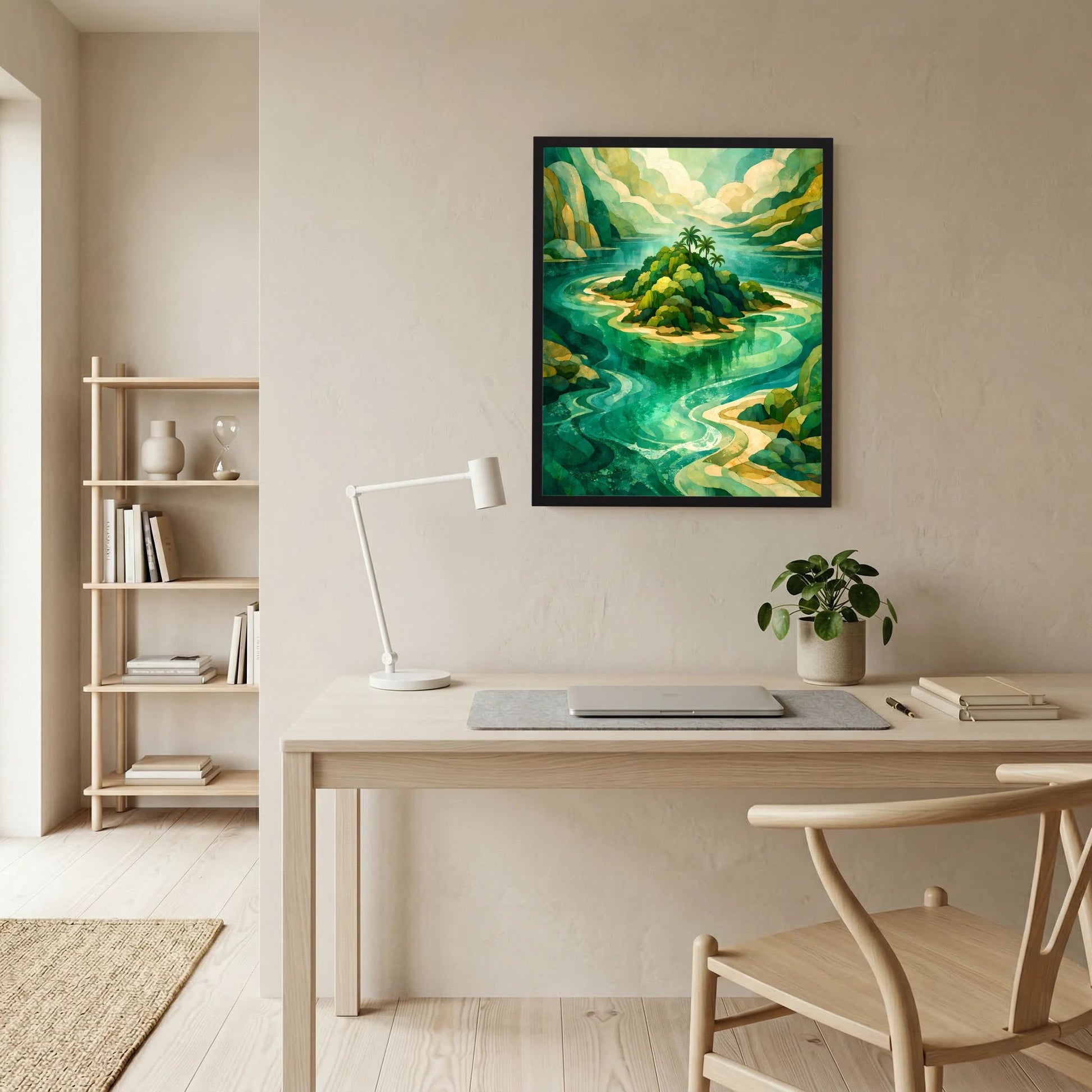 Hochformat-Poster im schwarzen Rahmen mit tropischer Insel und Fluss in Türkis und Grün