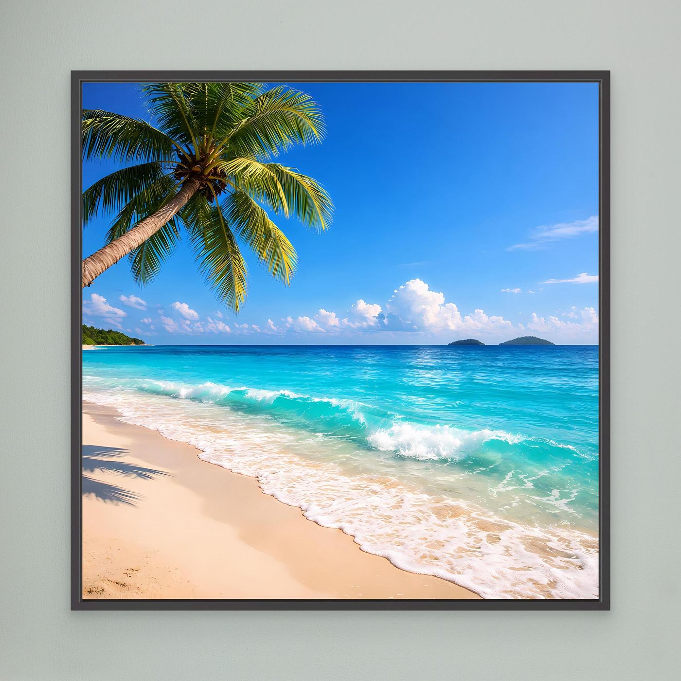 Gerahmtes Leinwandbild mit Tropenstrand, Palme am türkisblauen Meer, schwarzer Rahmen