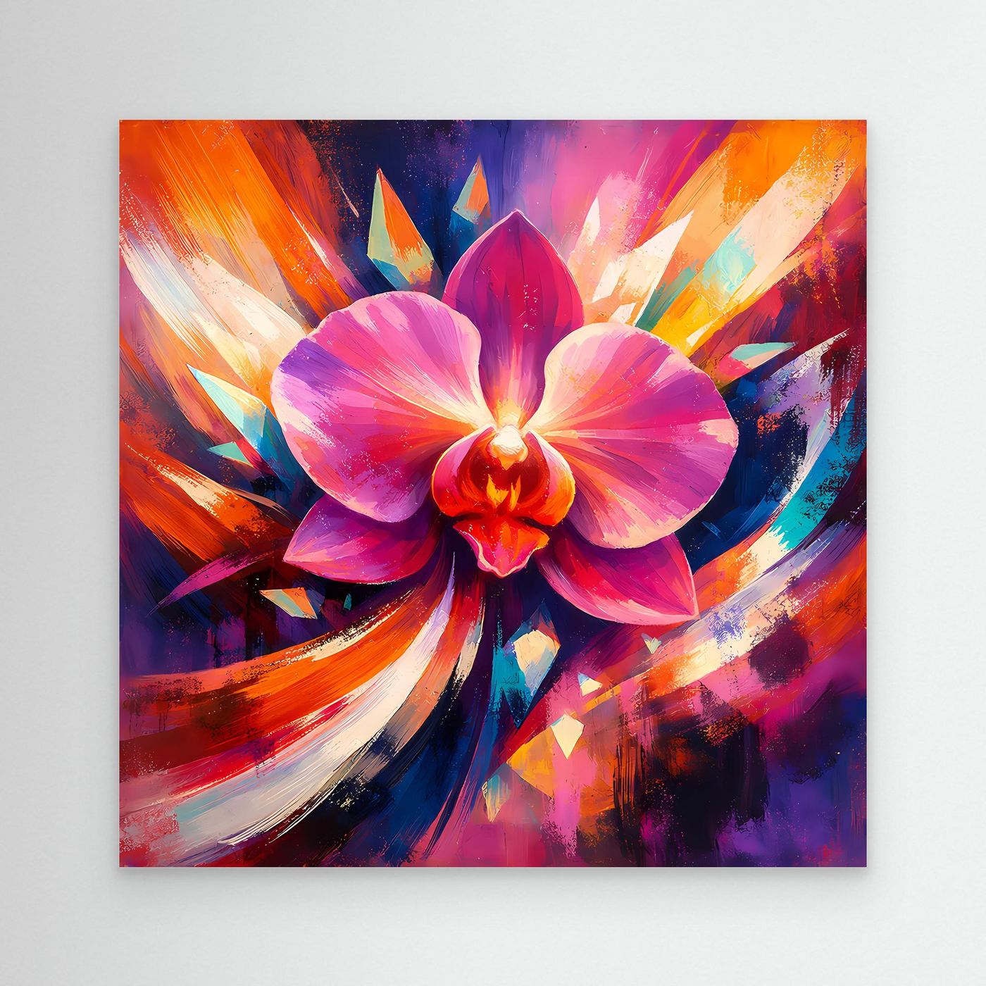Leinwandbild mit abstrakter Orchidee in Pink, Lila und Orange