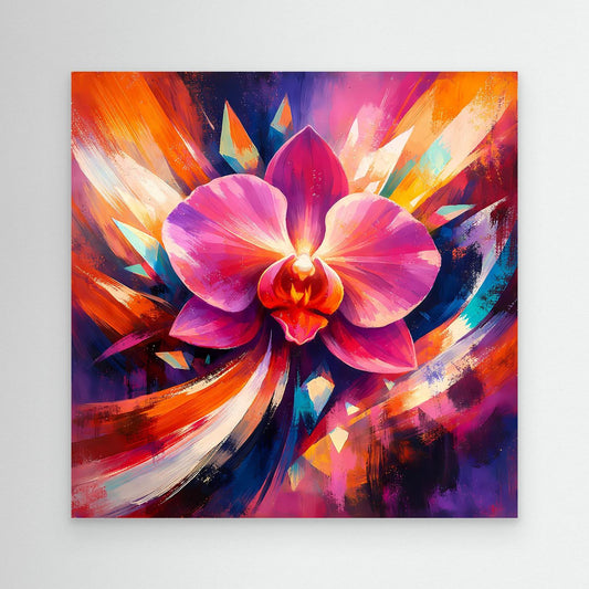 Leinwandbild mit abstrakter Orchidee in Pink, Lila und Orange
