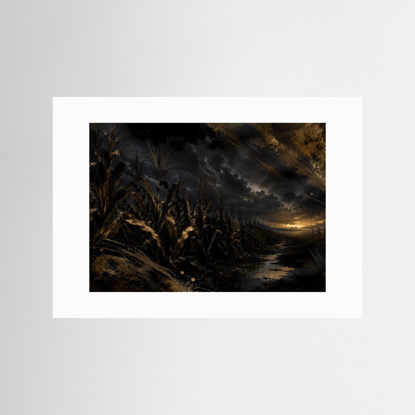 Dunkles Maisfeld bei Sonnenuntergang | Mystische Landschaft in Schwarz & Gold