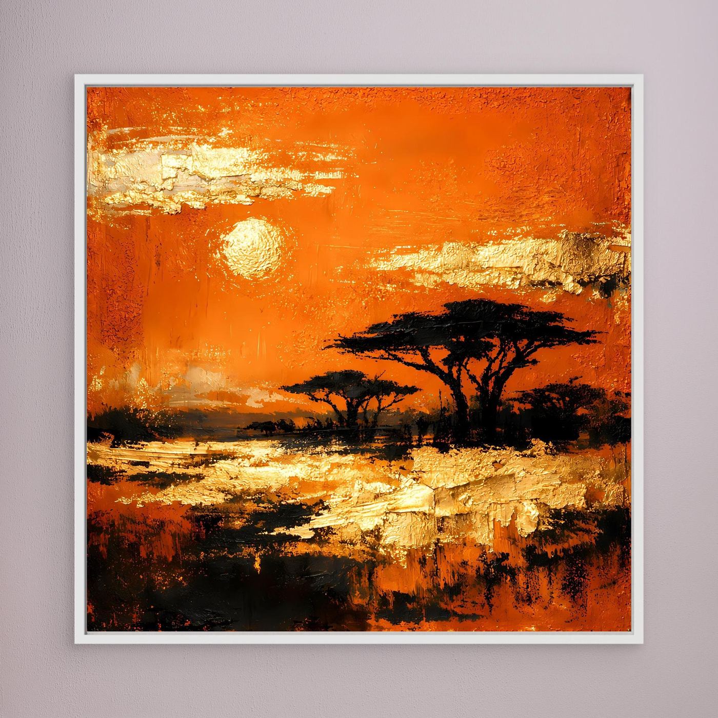 Leinwand Abstraktes Savannen-Panorama | Modernes Afrika Wandbild in Orange und Goldblättern