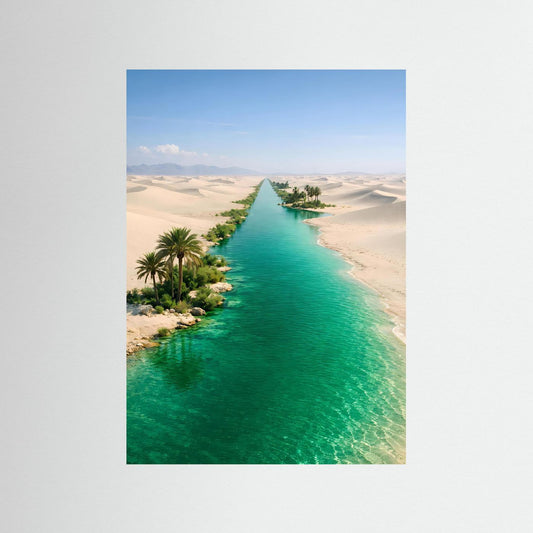 Oasenposter im Hochformat mit smaragdgrünem Fluss durch Wüstendünen