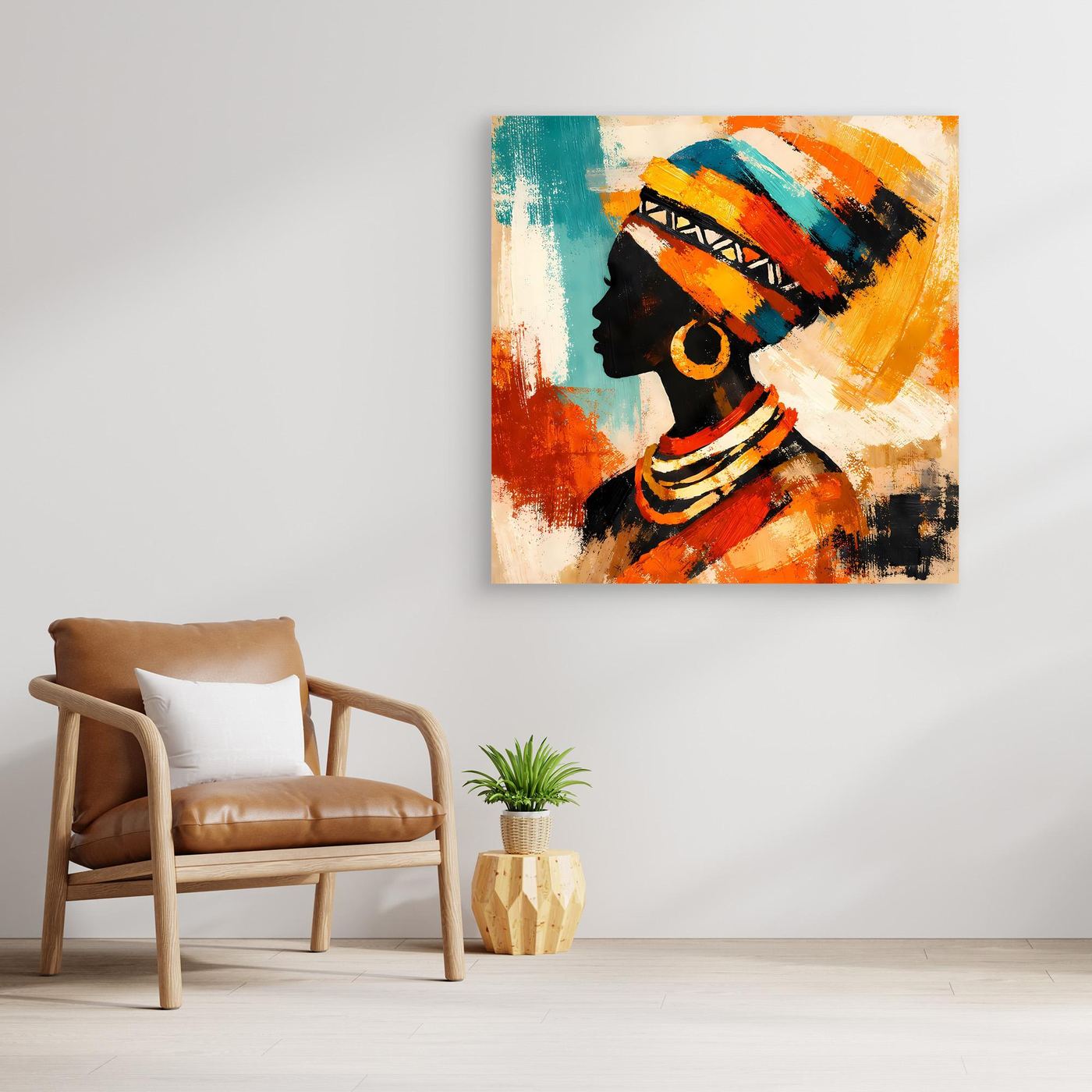 Abstract canvas wall art with a woman side profile portrait in teal, orange, and black