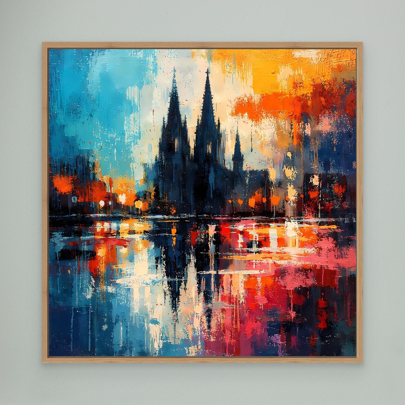 Abstraktes Leinwandbild mit Kathedraltürmen, Spiegelung im Fluss, Eichenrahmen