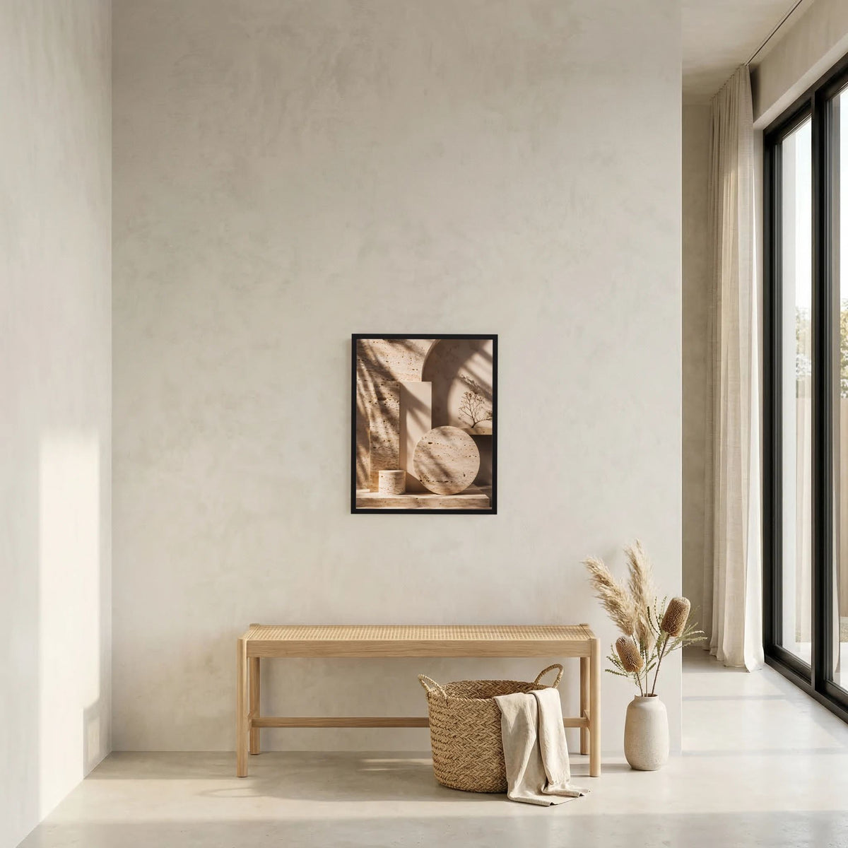 Abstraktes Architektur-Poster mit schwarzem Rahmen, beige Reliefformen und Kreisscheibe