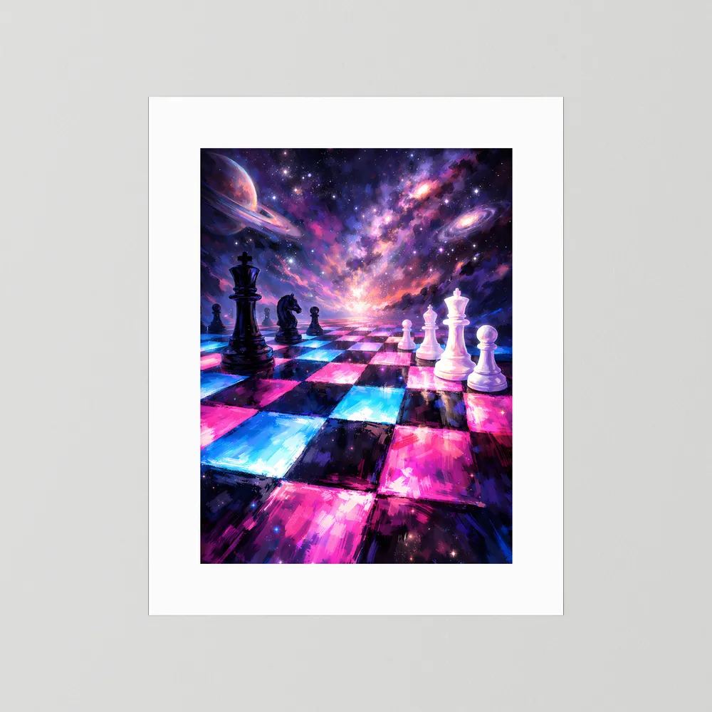 Schachposter mit weißem Rand: Galaxie-Schachbrett mit weißen und schwarzen Figuren