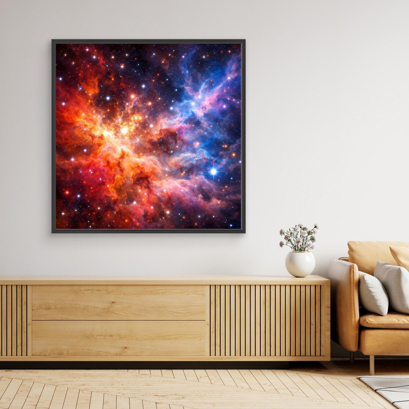 Leinwandbild kosmische Nebel mit buntem Weltall, schwarzer Rahmen