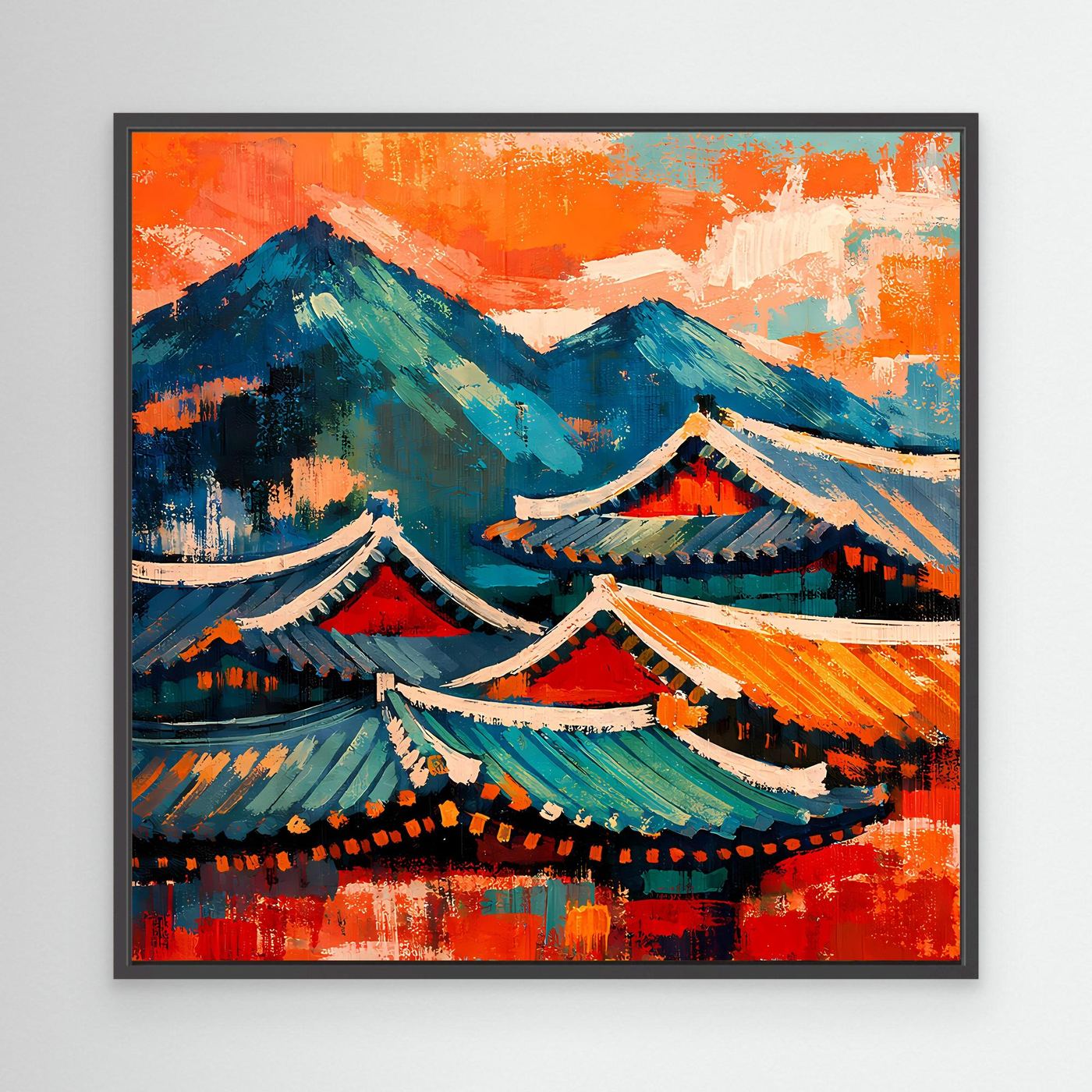 Leinwand-Wandbild mit abstrakten asiatischen Dächern und Bergen, schwarzer Rahmen