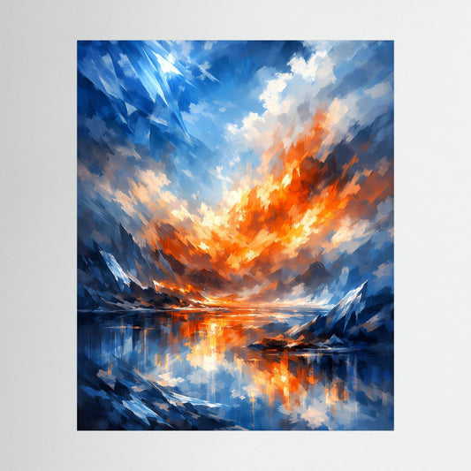 Abstraktes Wandbild-Poster mit blauen Flächen, orangefarbenem Feuersturm und Spiegelung