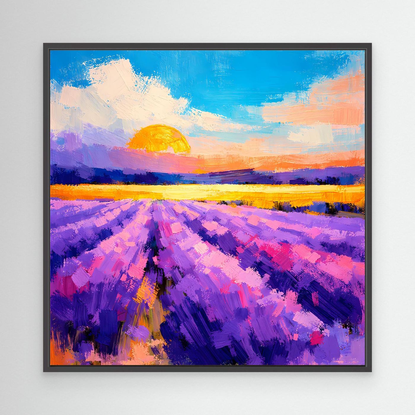 Gerahmtes Leinwandbild mit Lavendelfeld bei Sonnenuntergang, schwarzer Rahmen, bunte Pinselstriche