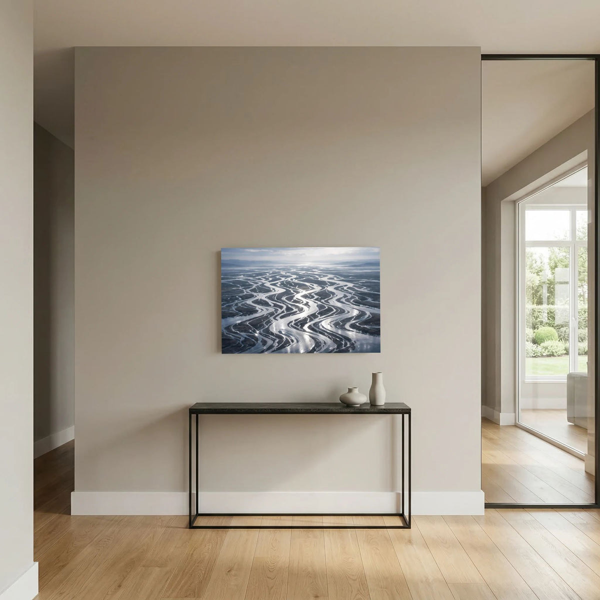 Wandbild im Querformat: Flussdelta aus der Vogelperspektive, blau-grau, kleine Leinwand