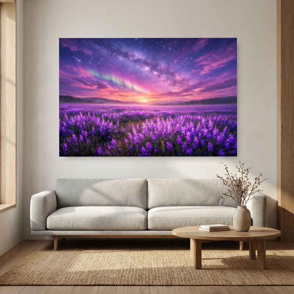 Wandbild im Querformat mit Lavendelfeld, Sternenhimmel und Sonnenuntergang in Lila-Tönen