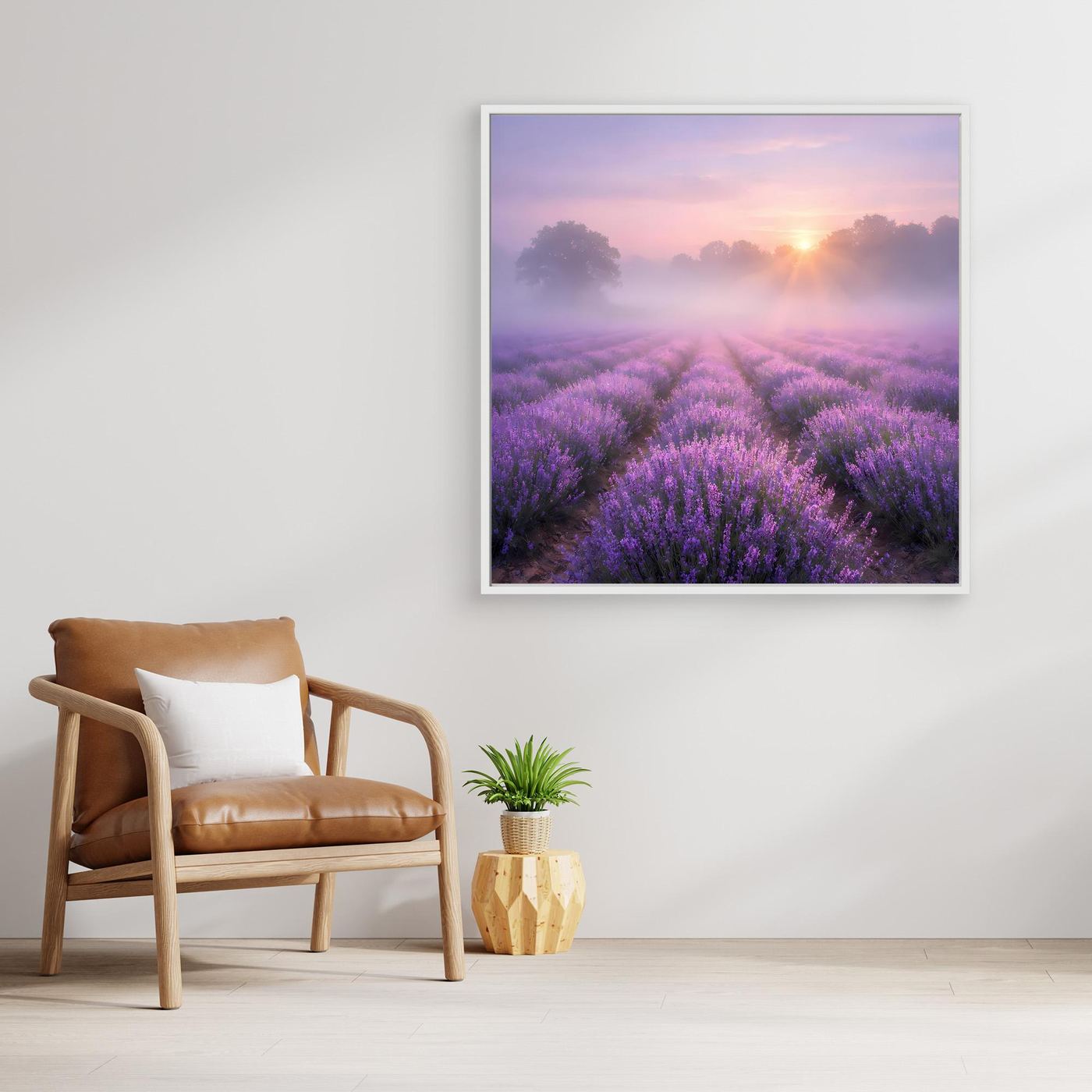 Quadratisches Leinwandbild Lavendelfeld im Nebel mit Sonnenaufgang, weißer Rahmen
