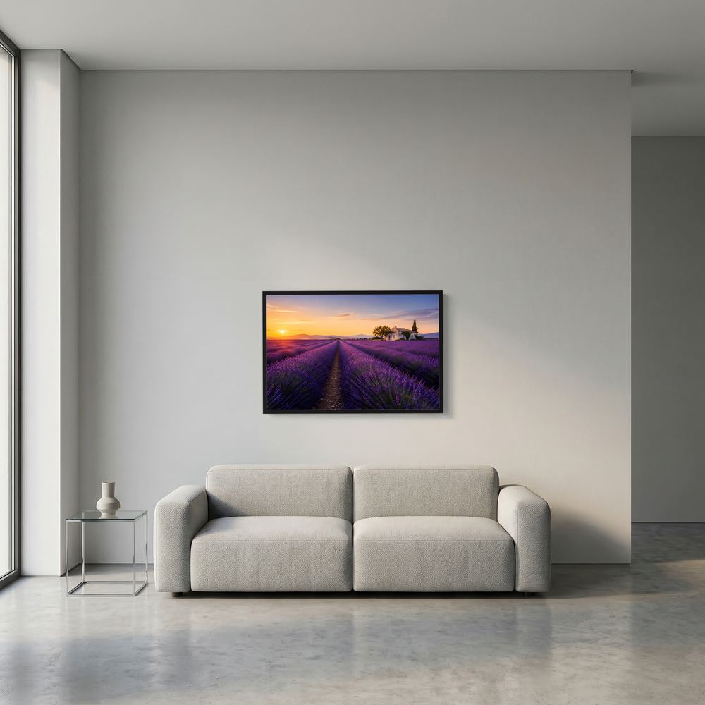 Kleines gerahmtes Querformat-Poster mit Lavendelfeld in Lila und Sonnenuntergang