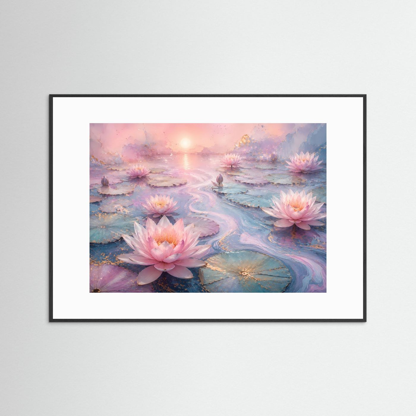 Lotusblüten Poster Querformat | Rosa Seerosen auf Wasser | Elegante Zen Wandkunst in Pastell