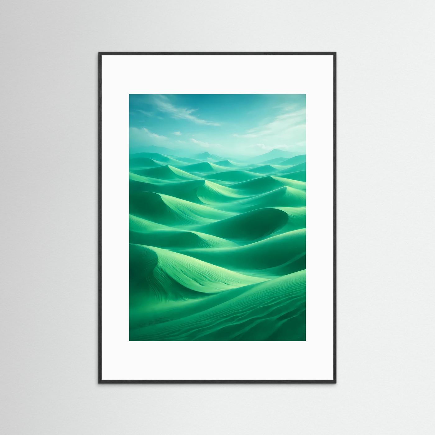 Abstraktes Dünen-Poster Hochformat in Grün und Mint, schwarzer Rahmen mit weißem Rand
