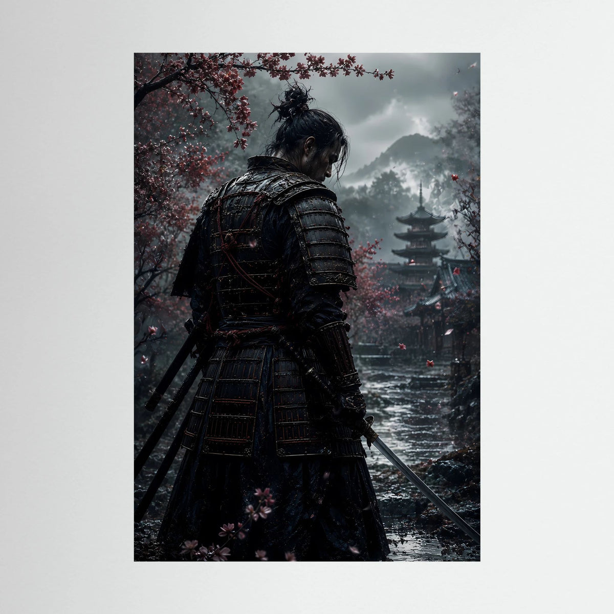 Hochformatiges Poster mit Samurai-Rückansicht, Schwert und Kirschblüten am Fluss.