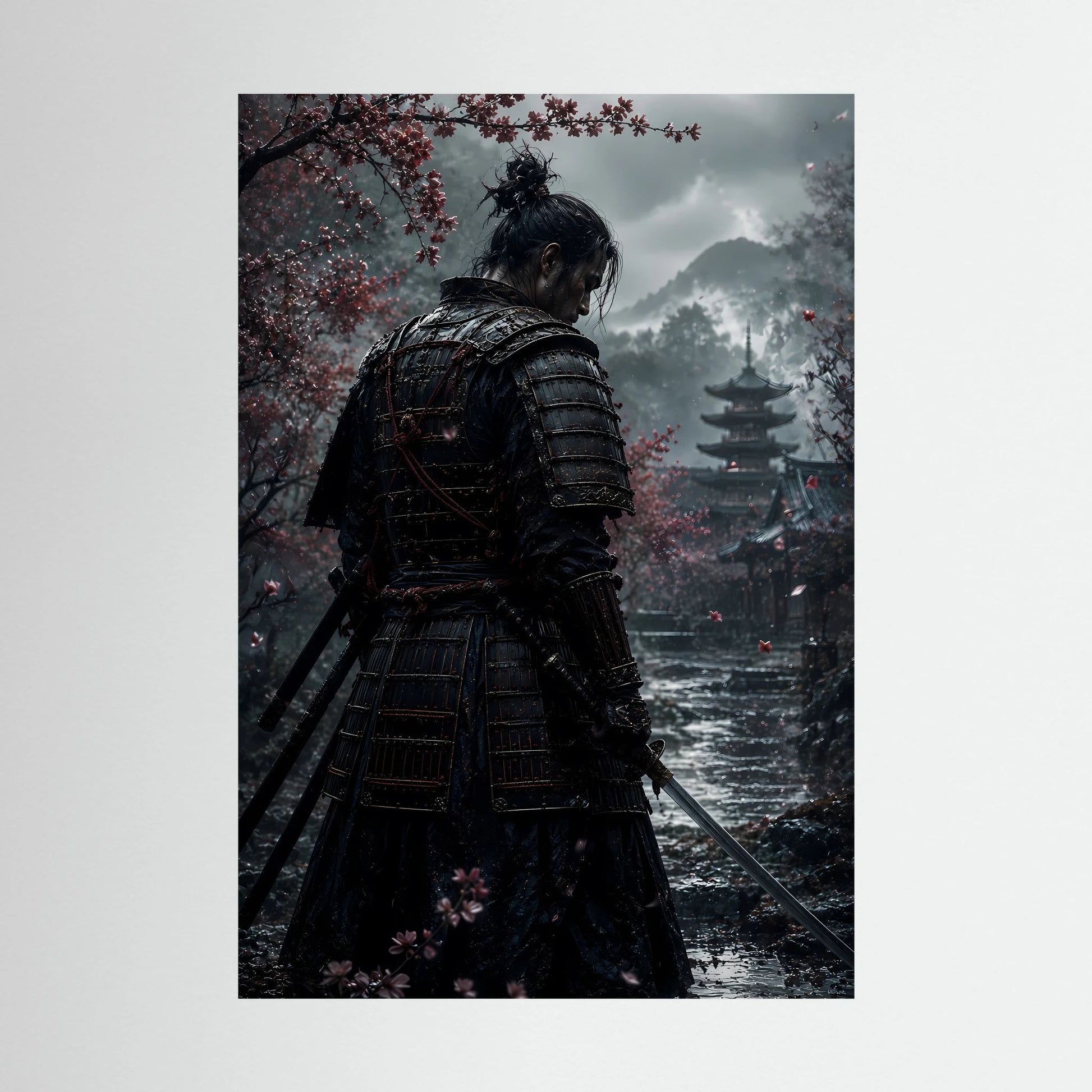 Hochformatiges Poster mit Samurai-Rückansicht, Schwert und Kirschblüten am Fluss.