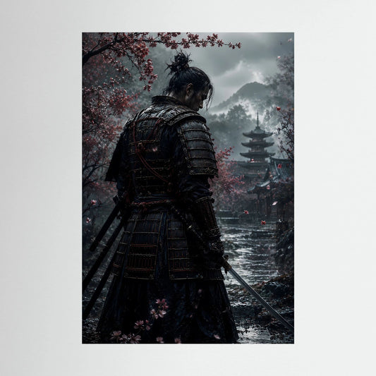 Hochformatiges Poster mit Samurai-Rückansicht, Schwert und Kirschblüten am Fluss.