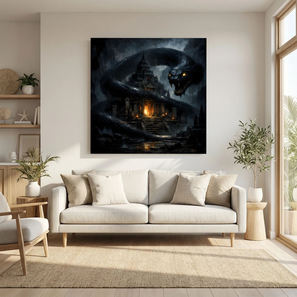 Fantasy-Leinwandbild mit großer Schlange und Drachengesicht; Tempelruine mit Flammenschein