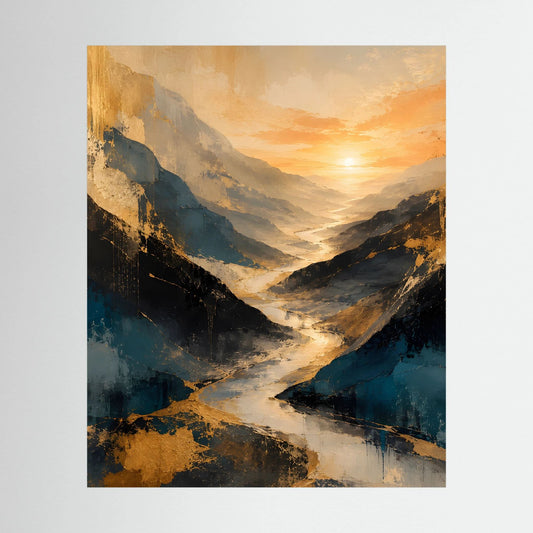 Kunstposter im Hochformat mit abstraktem Bergtal in Blau und Gold