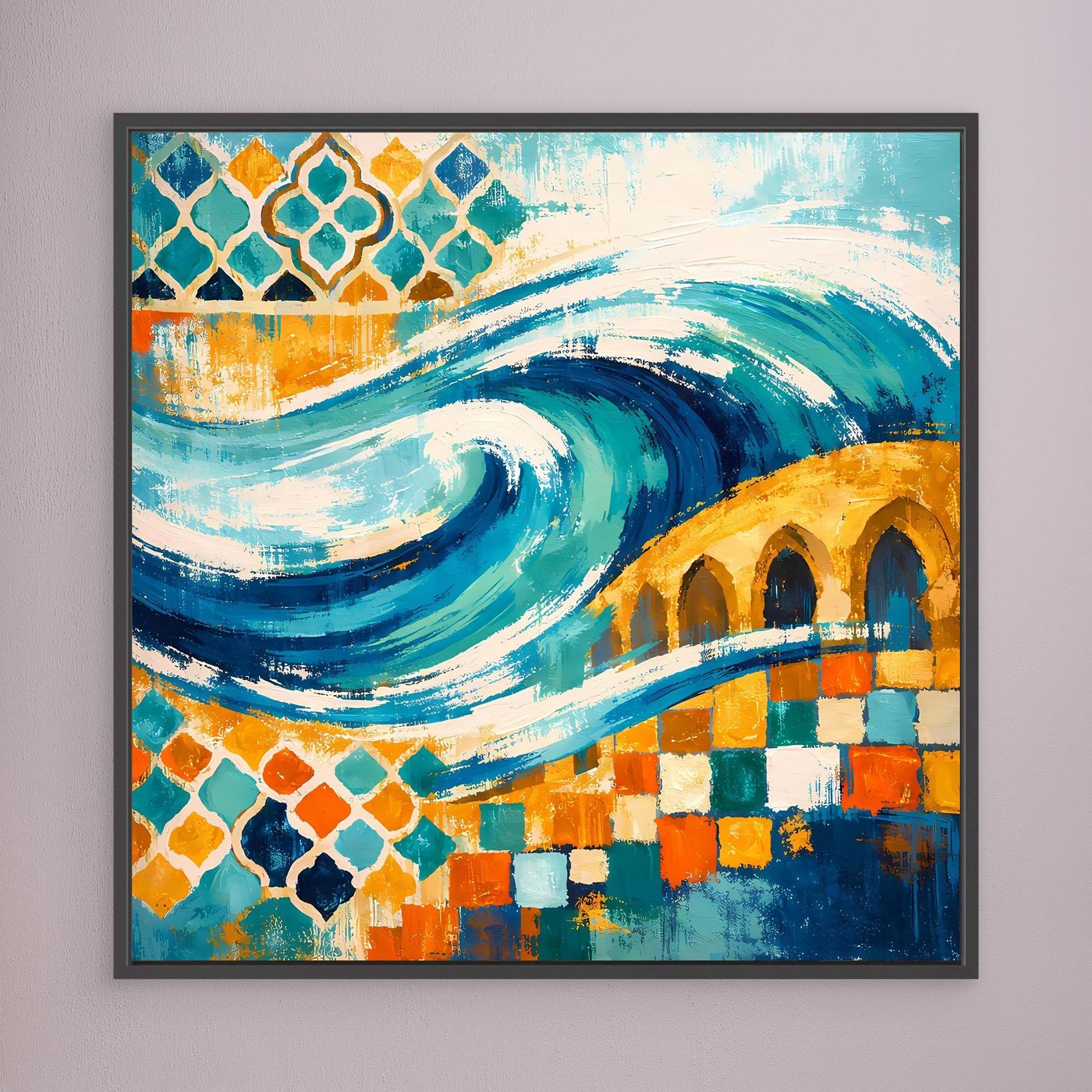 Wandbild auf Leinwand mit schwarzem Rahmen, abstrakte Wellen und bunte Mosaikfelder in Blau und Orange