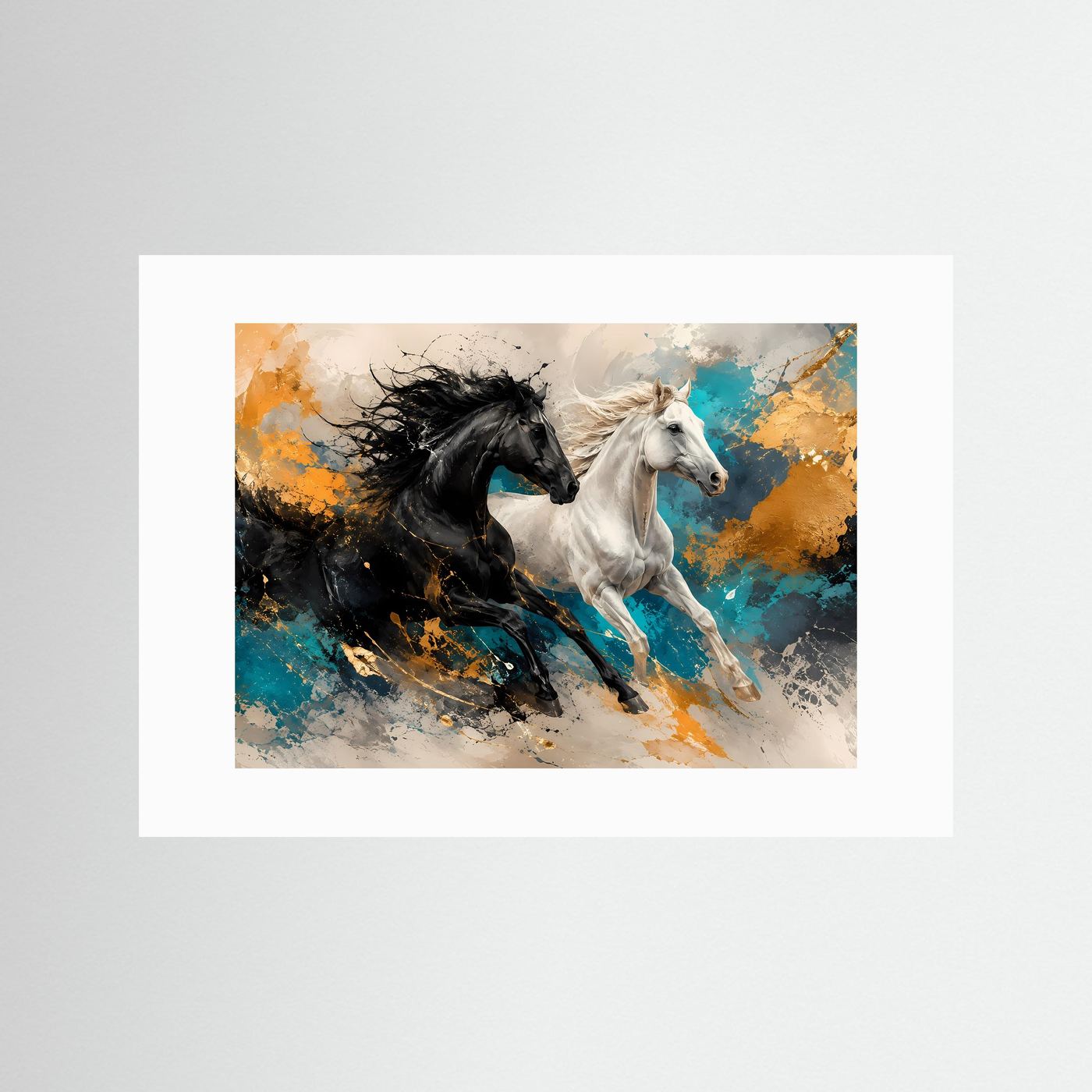 Dynamik in Perfektion | Abstraktes Pferde & Galopp Poster mit Gold- und Ozean-Akzenten